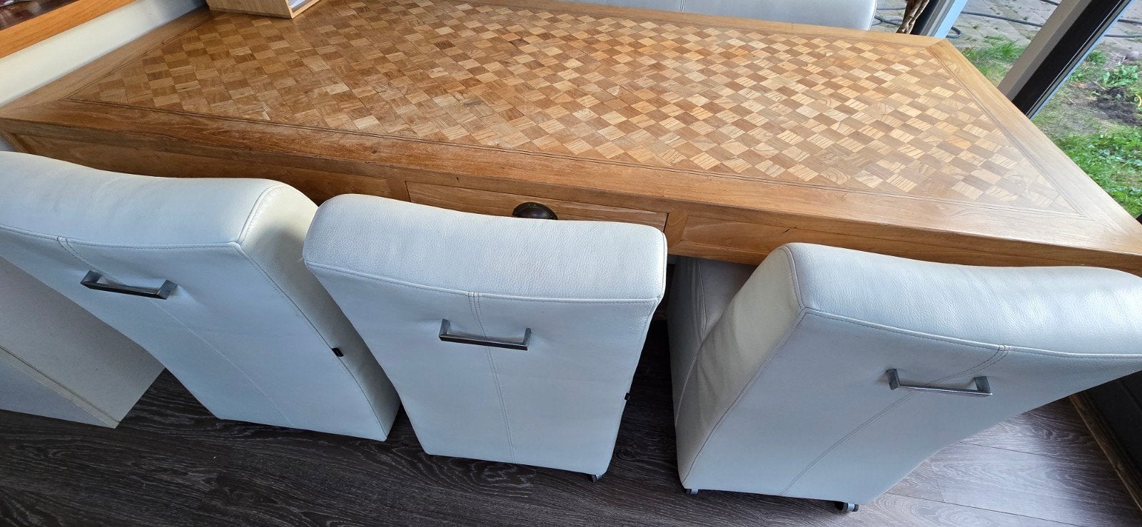Leren eetbank en stoelen - Crème wit, Ophalen, Gebruikt, Drie, Wit