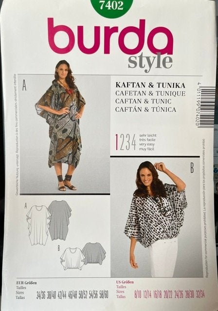 Burda Kaftan en tuniek naai patroon - 7402 - mt 34 t/m 60, Hobby en Vrije tijd, Overige typen, Vrouw, Nieuw, Burda