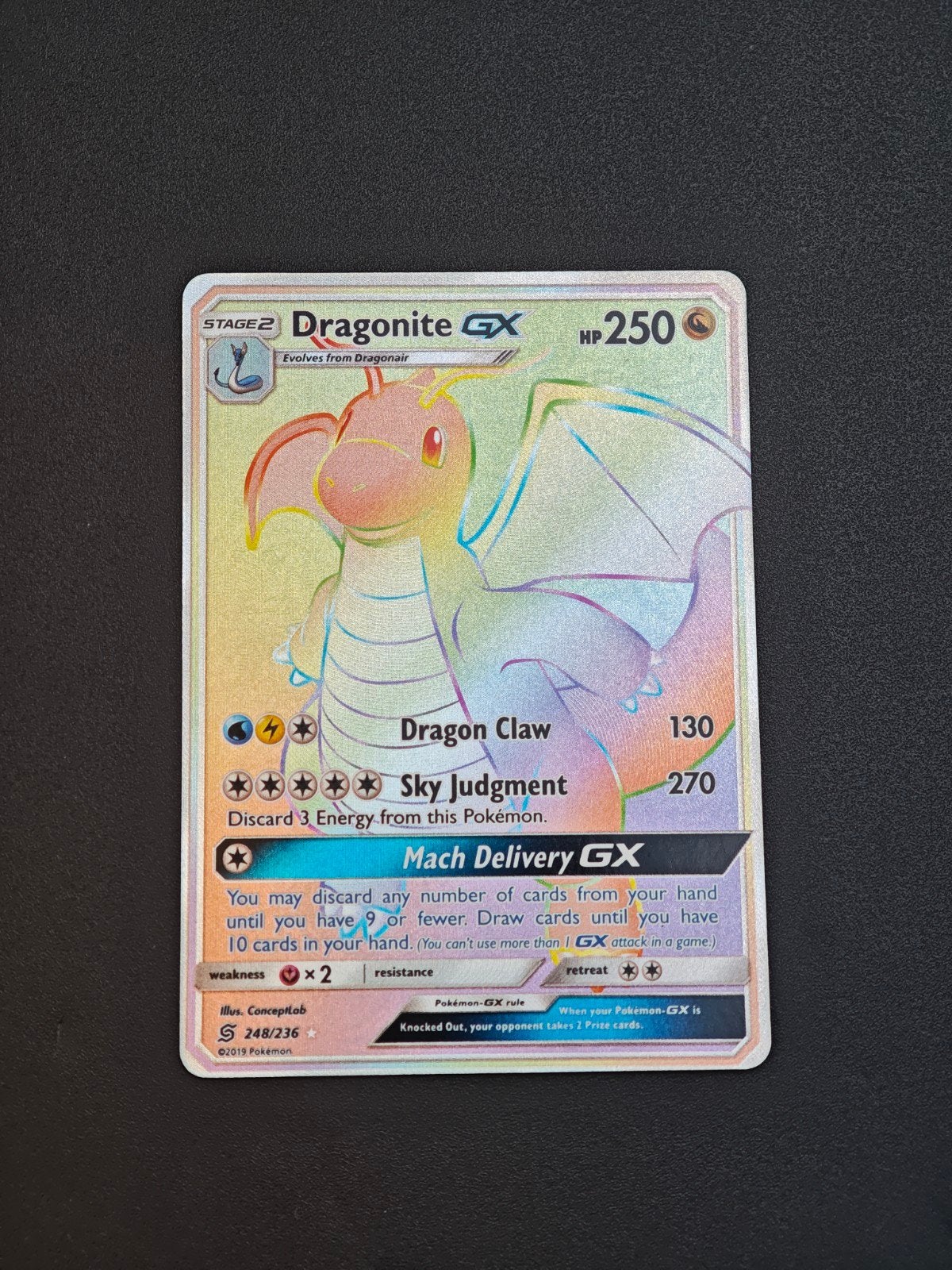 Dragonite GX 248 Rainbow Rare Unified Minds, Ophalen of Verzenden, Zo goed als nieuw, Losse kaart, Foil