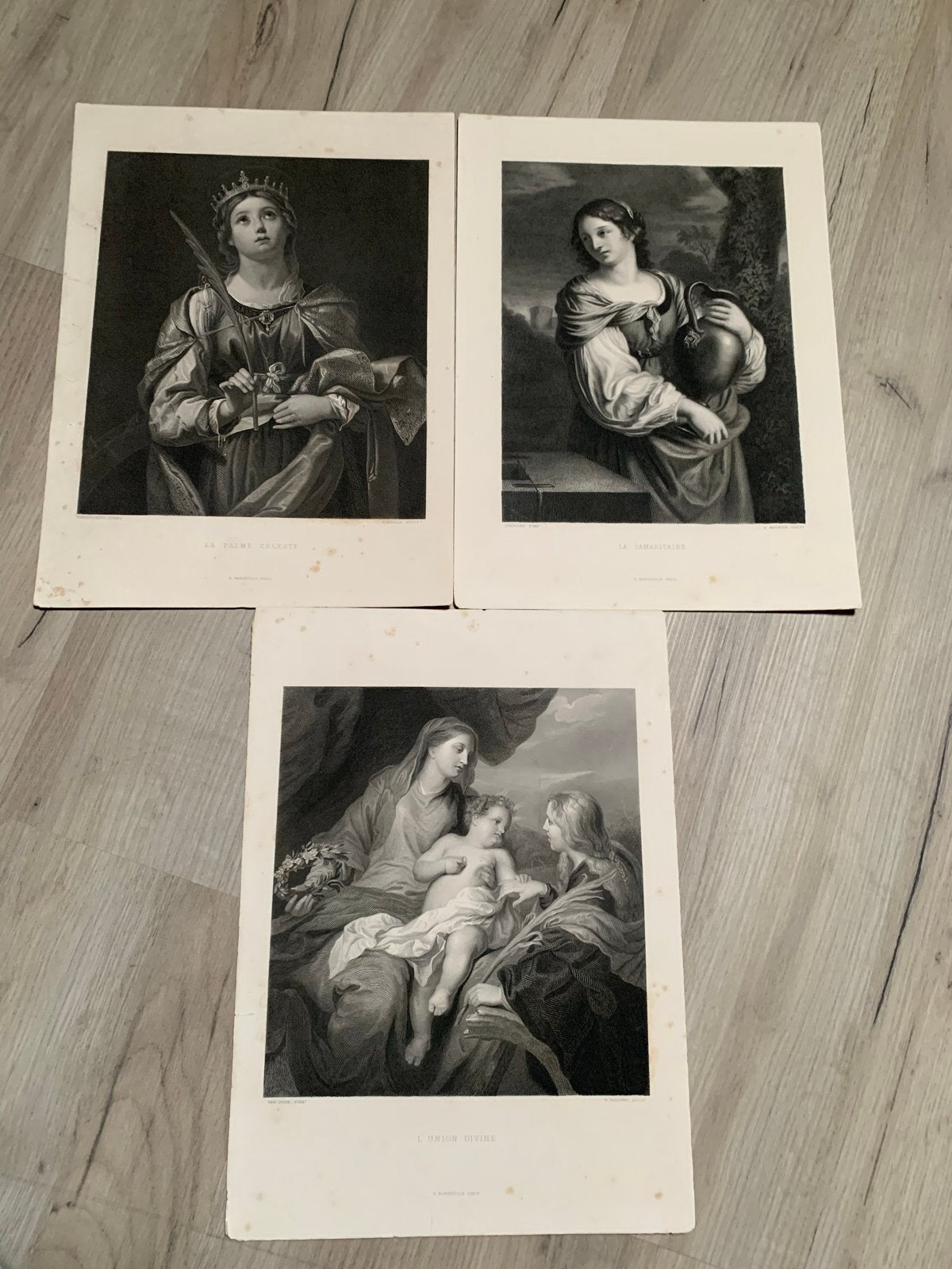 Set van 3 antieke gravures: 'La Palme Céleste', 'La Samarita, 1800 - 1899, Met tekst, Religie, Ophalen of Verzenden