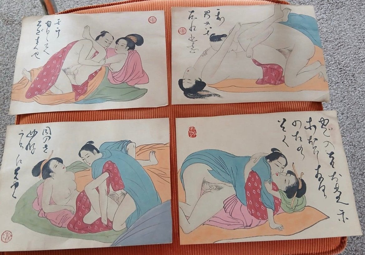 Oude collectie Japanse Erotische Shinga Aquarellen, Japan, Ophalen of Verzenden