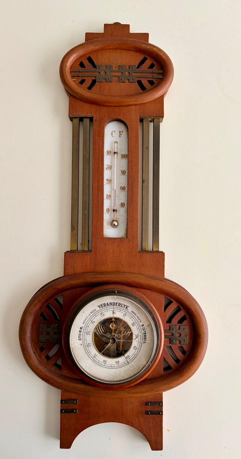 Antiek wandbarometer met thermometer, Art Deco, Ophalen of Verzenden