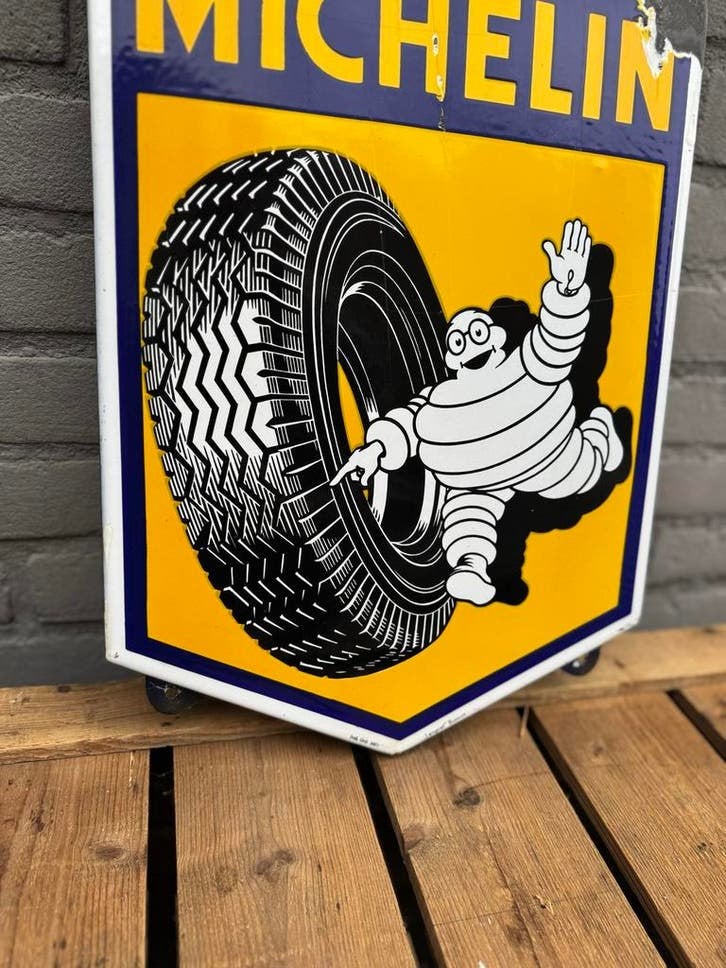 Vintage Michelin Emaille Reclamebord, Reclamebord, Gebruikt, ., Ophalen of Verzenden
