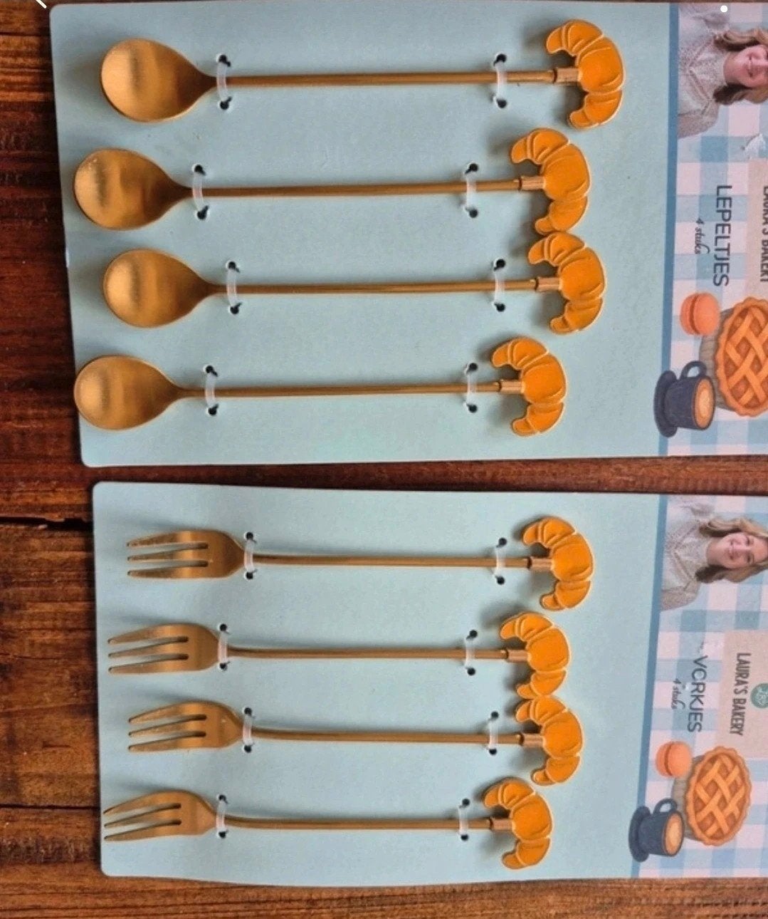 Laura's Bakery Lepeltjes en Vorkjes - Croissant Design, Theelepel, Los bestek, Nieuw, Ophalen of Verzenden