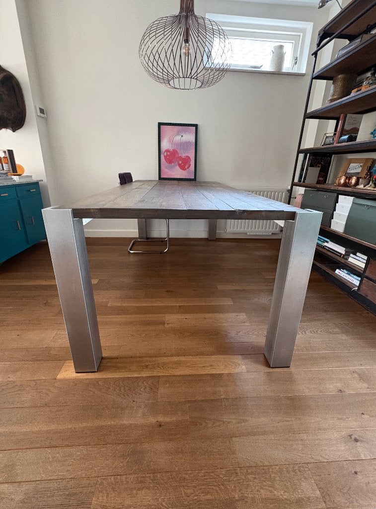Eettafel hout en metaal, Ophalen, Gebruikt, 100 tot 150 cm, 200 cm of meer