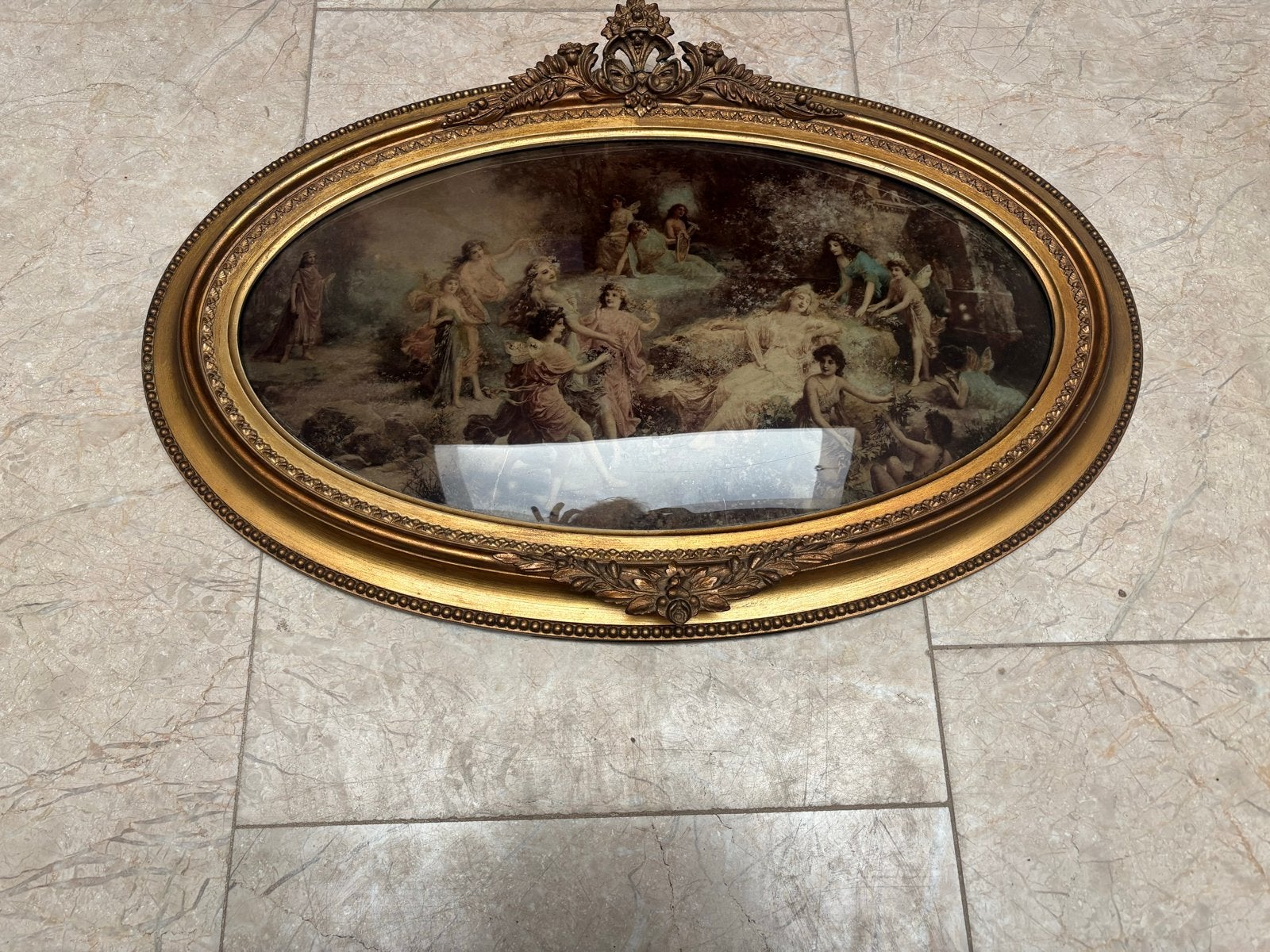 Ovaal schilderij met klassieke scène in sierlijke lijst, Antiek en Kunst, Achter glas, Portret of Personen, Overige ondergronden