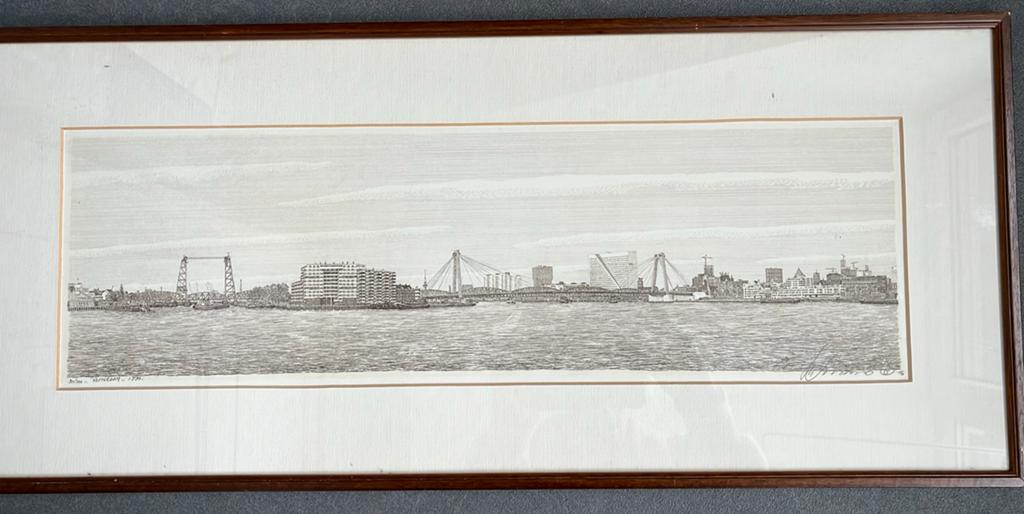 Ets van de Skyline Rotterdam, Ophalen, Stadsgezicht, Gesigneerd, 1950 - 1999
