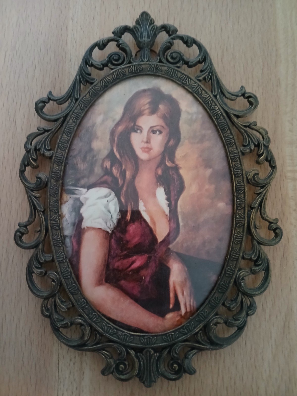 Vintage Schilderij Vrouw in Ovale Lijst, Ophalen, Minder dan 50 cm, Gebruikt, Schilderij