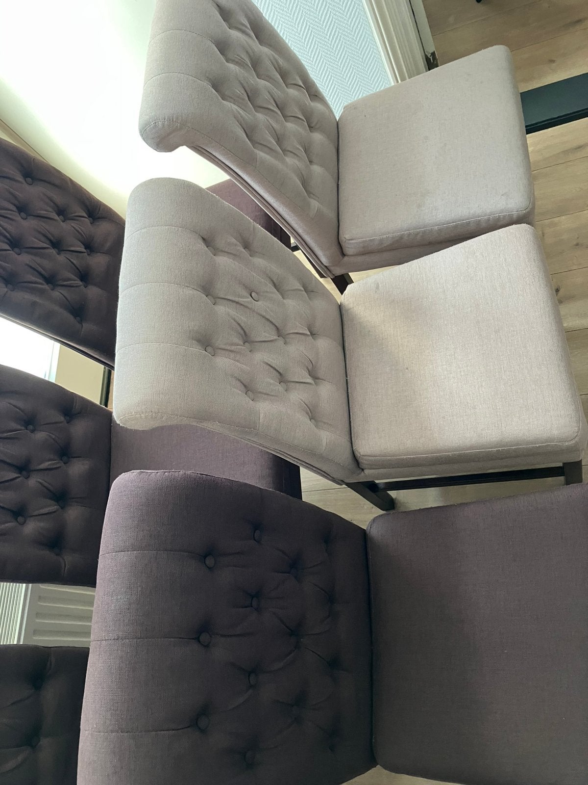 Zes mooie stijlvolle eetkamer stoelen, Ophalen, Bruin, Zo goed als nieuw, Stof