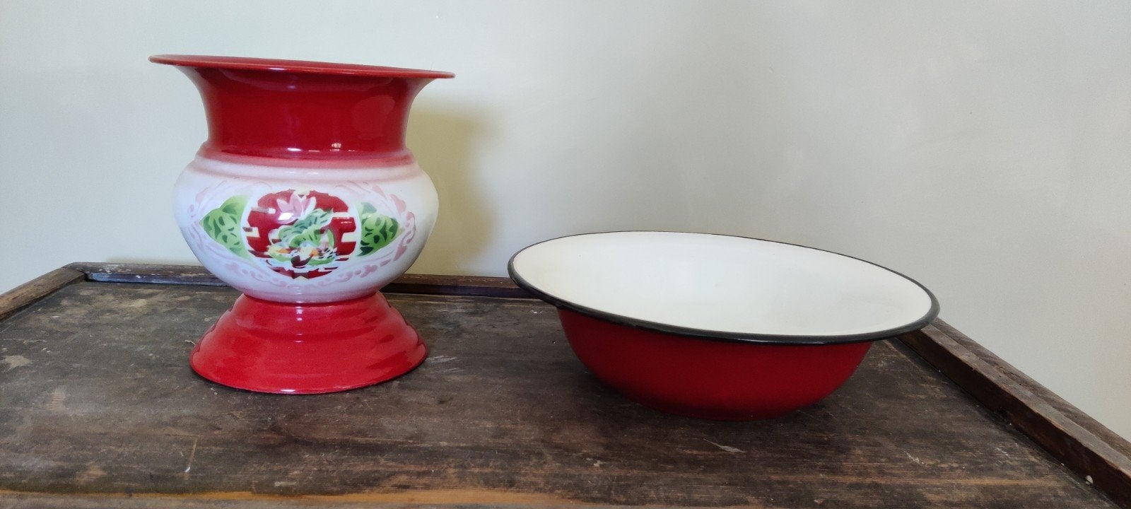Vintage geëmailleerde waskom en kan - Rood/Wit, Ophalen of Verzenden