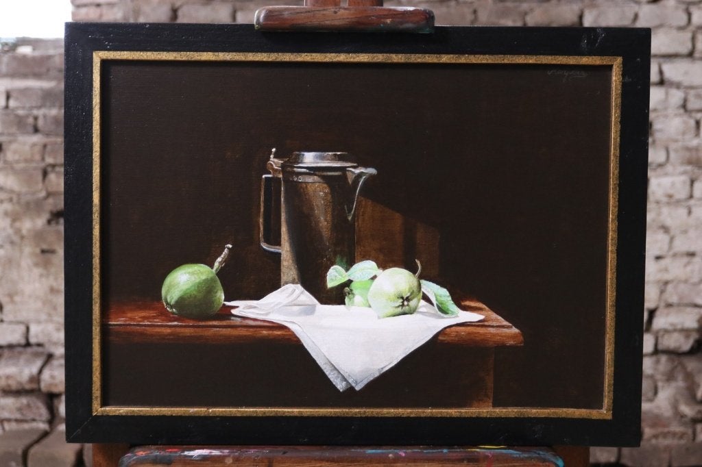 Stilleven tinnen kan en appeltjes – Marjolein van den Berg, Ophalen, Acrylverf, Gesigneerd, Stilleven