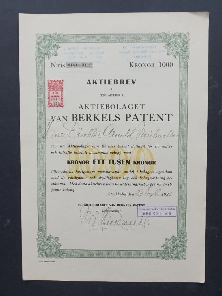 van Berkels Patent (Snijmachines) - Zweeds aandeel 1921, Verzenden, 1920 tot 1950, Aandeel