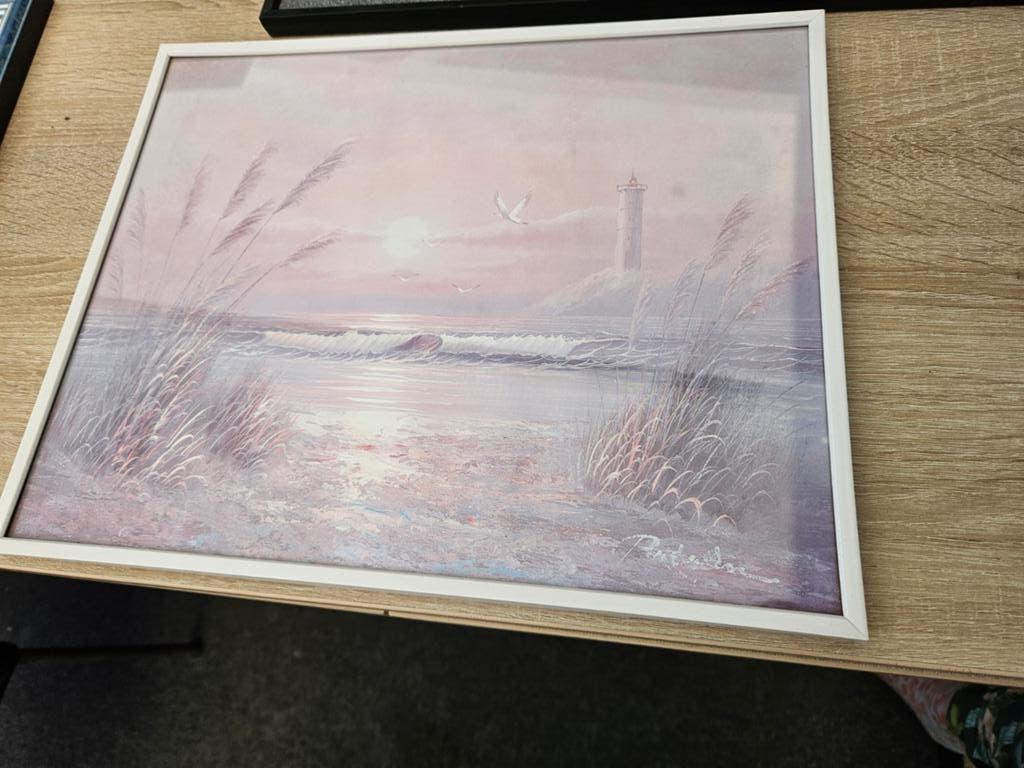 Schilderij zonsondergang strand met vuurtoren en vogels, Ophalen of Verzenden