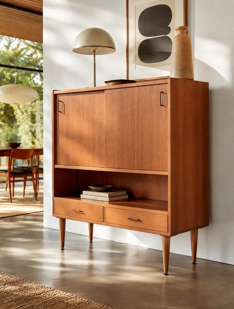 Prachtige vintage teakhouten barkast / highboard, Ophalen, Met lade(s), Teakhout, Zo goed als nieuw