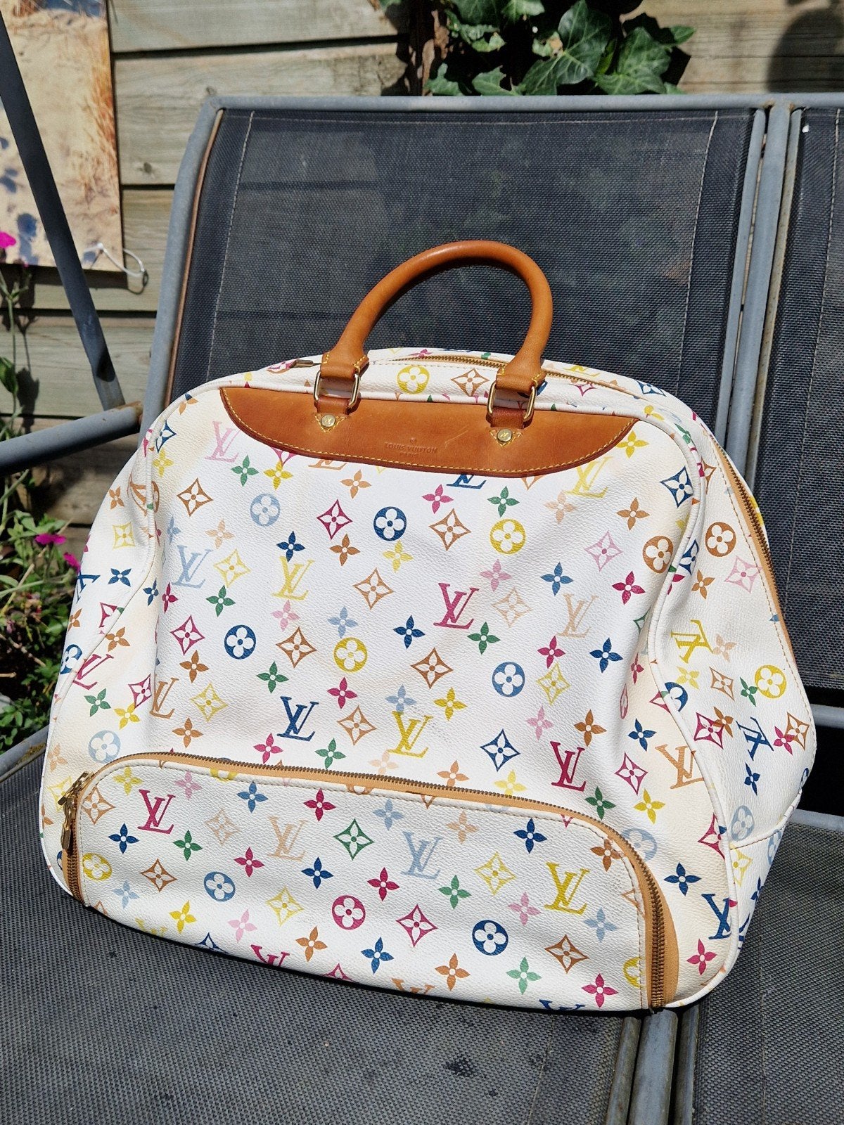 Prachtige grote reistas wit multicolor met leer monogram, 40 tot 60 cm, Gebruikt, 20 tot 30 cm, Wit