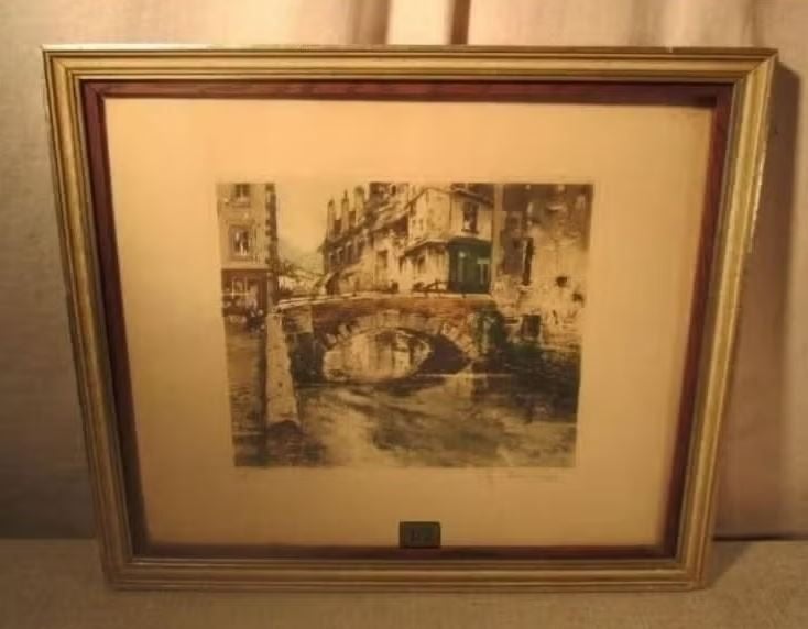 Mooie Ets 'Oude Brug' - gesigneerd, Ophalen of Verzenden, Stadsgezicht, Ets, Genummerd