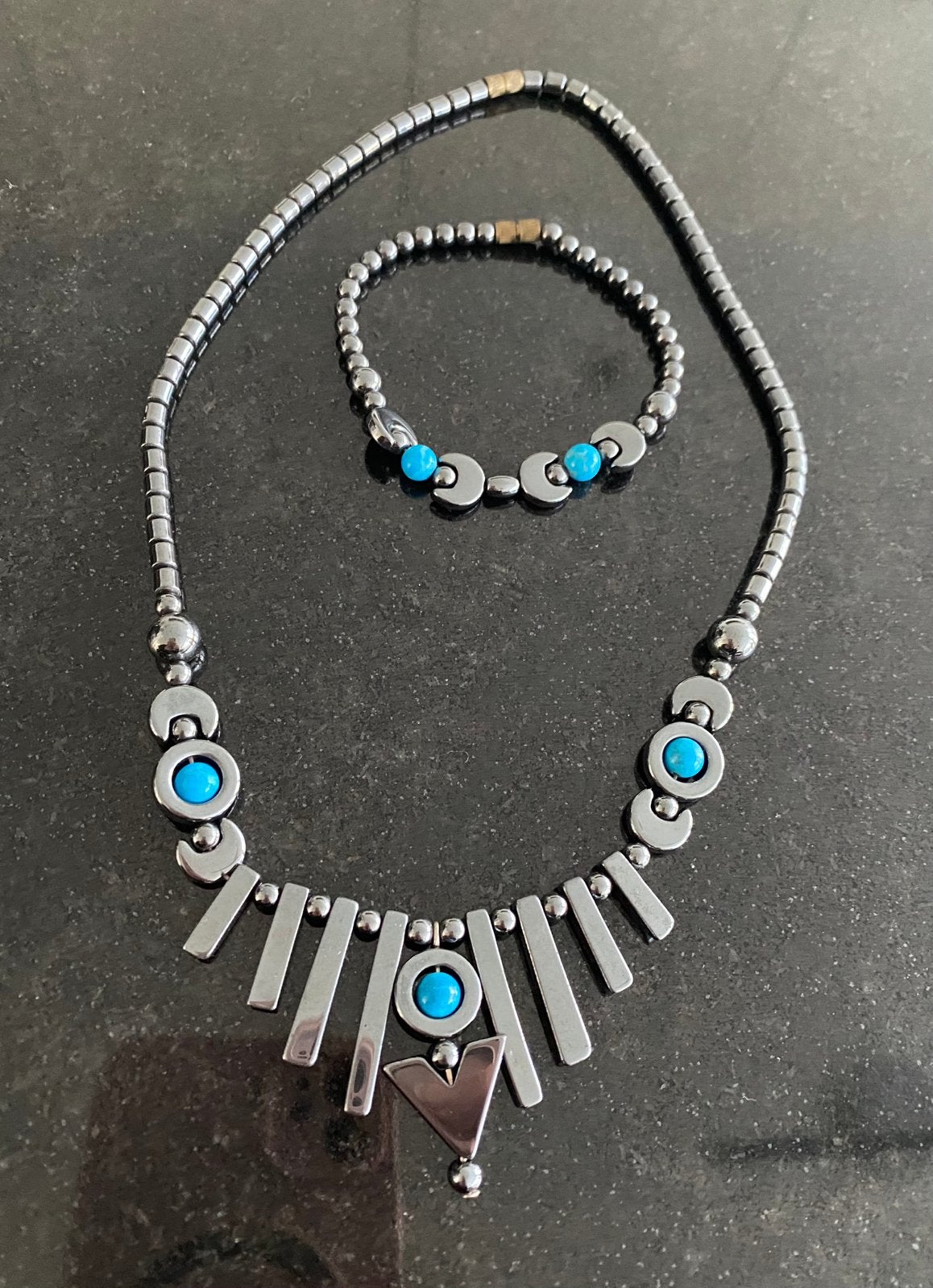 Vintage Set: hematiet half edelstenen ketting & armband, Sieraden, Tassen en Uiterlijk, Ophalen of Verzenden, Zo goed als nieuw