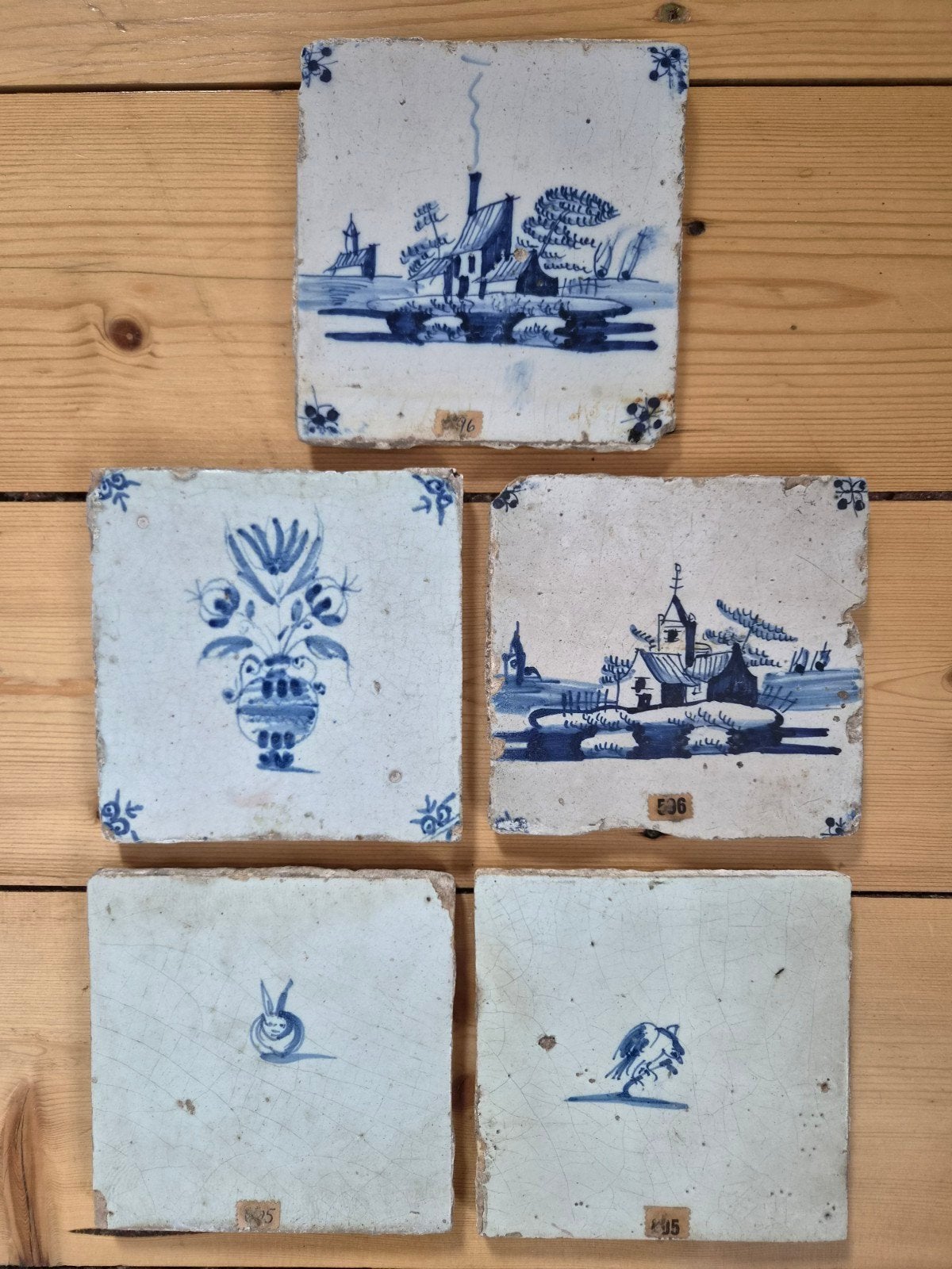 Set van 5 antieke Delfts blauwe tegels, Ophalen