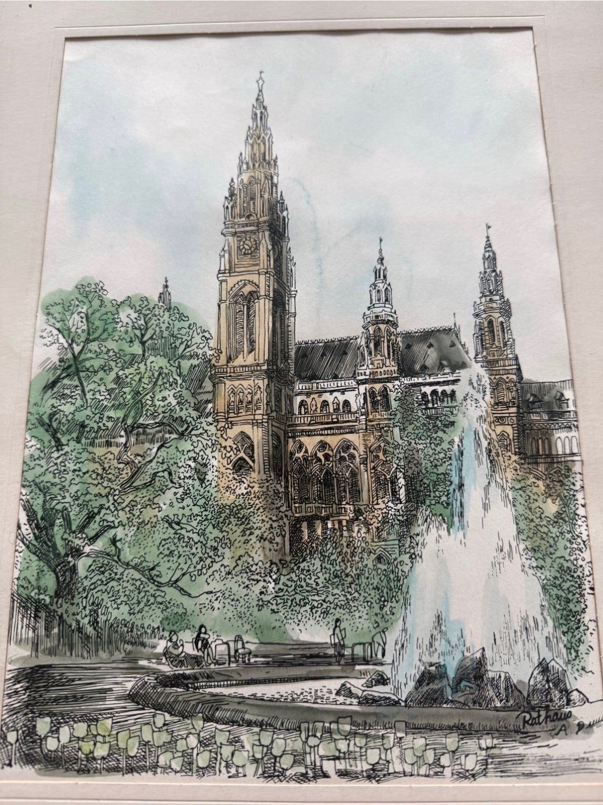 Rathaus Wenen - Originele pentekening met aquarel, Ophalen of Verzenden, Tekening, Gemengde techniek, Gesigneerd