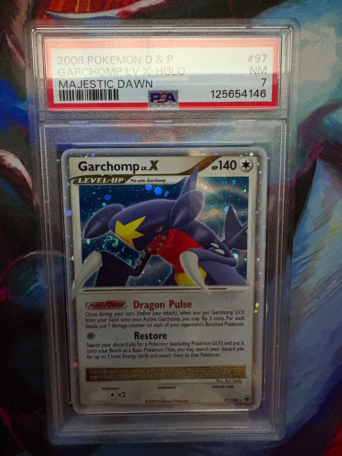 Garchomp LV.X Holo #97 PSA 7 Pokémon Kaart Majestic Dawn, Ophalen of Verzenden, Zo goed als nieuw, Losse kaart, Foil