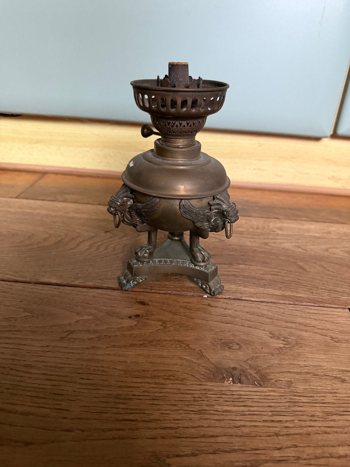 Antieke Kleine Olie- of Petroleumlampvoet - Brons/Messing, Ophalen of Verzenden