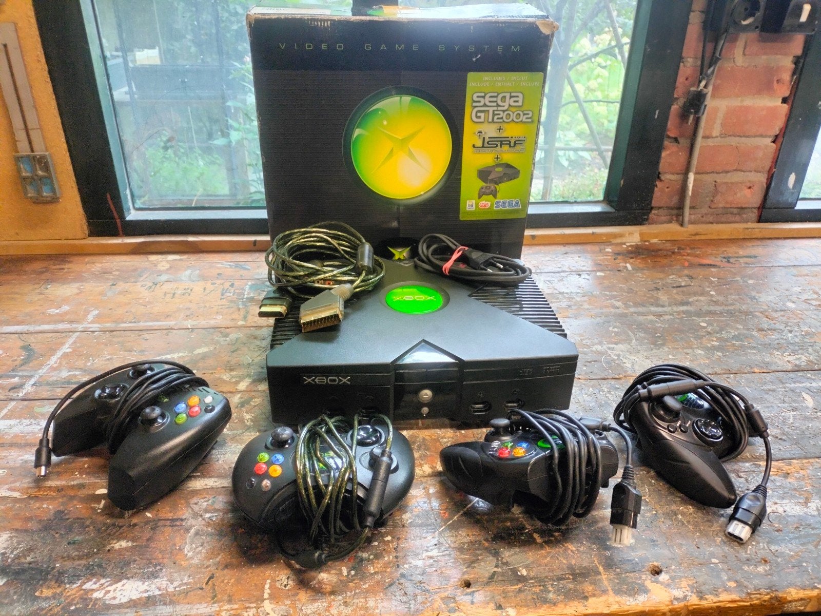Originele Xbox met 4 controllers en doos, Spelcomputers en Games, Spelcomputers | Xbox Original, Ophalen, Gebruikt, Met 3 controllers of meer