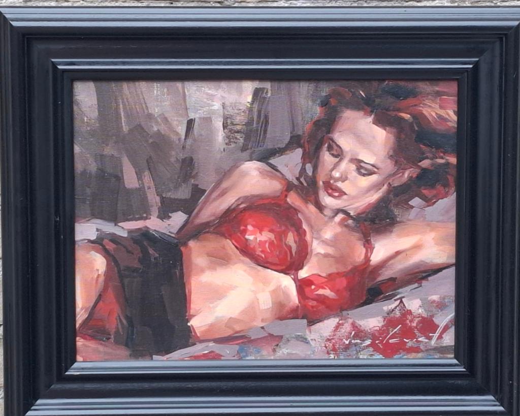 V. Alexander,  Pin-up.  Olie/doek.  51/41 cm. Certificaat., Antiek en Kunst, Ophalen