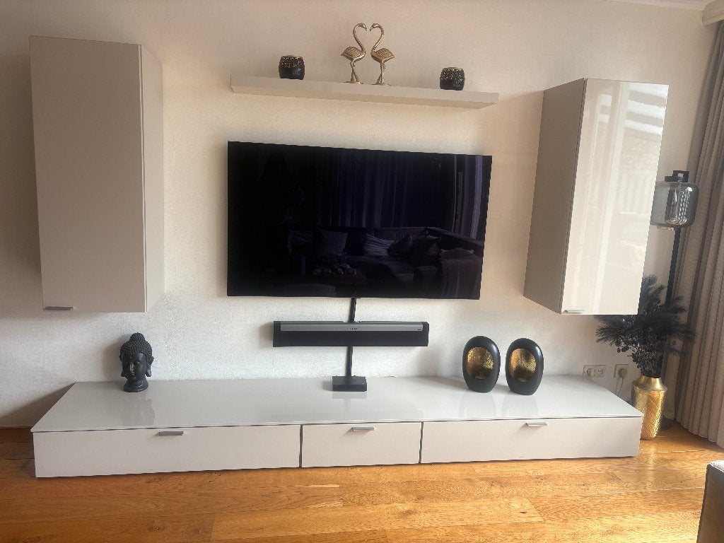 Luxe design TV-meubel met hangkasten - beige hoogglans, Ophalen, Modern/Design, Zo goed als nieuw, 200 cm of meer