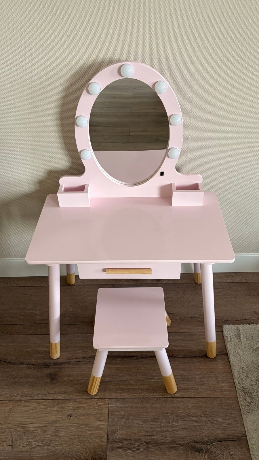 Roze meisjes kaptafel met lade, stoeltje en verlichting, Huis en Inrichting, Ophalen, Minder dan 50 cm, Zo goed als nieuw, Minder dan 100 cm