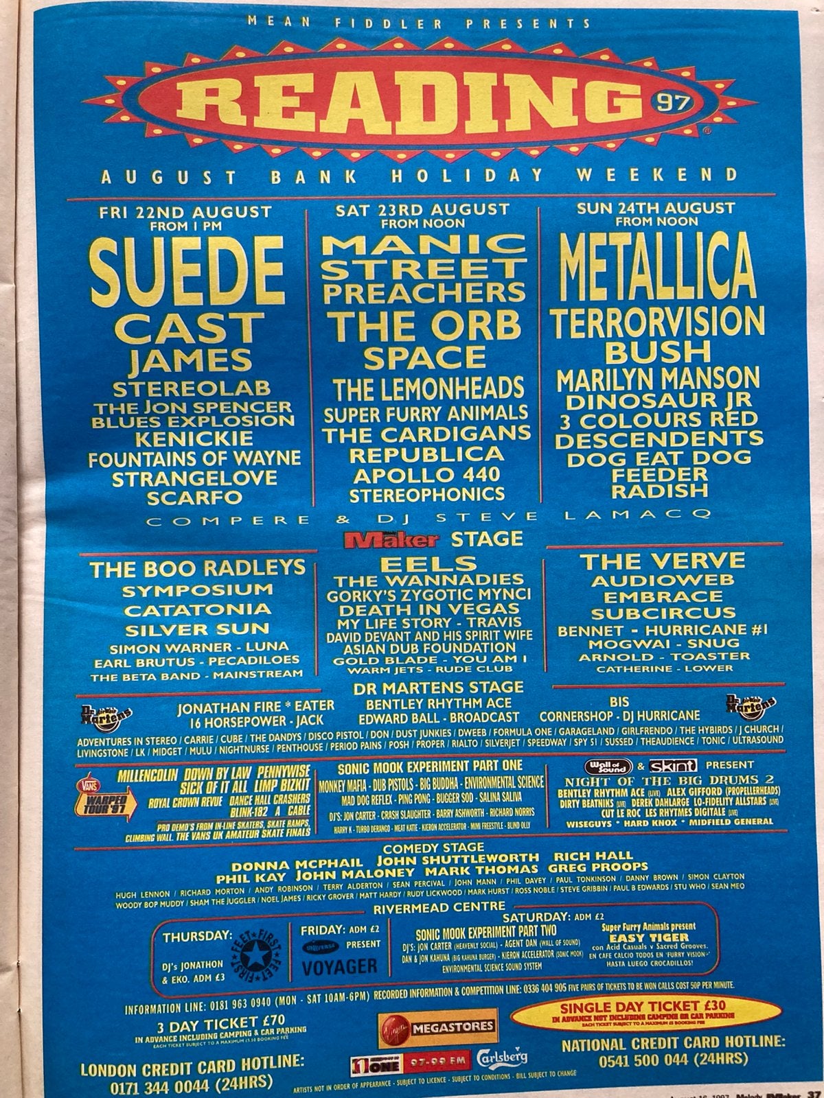 READING FESTIVAL 1997 A3 advertentie BUSH Metallica VERVE, Verzamelen, Ophalen of Verzenden, Zo goed als nieuw, A1 t/m A3