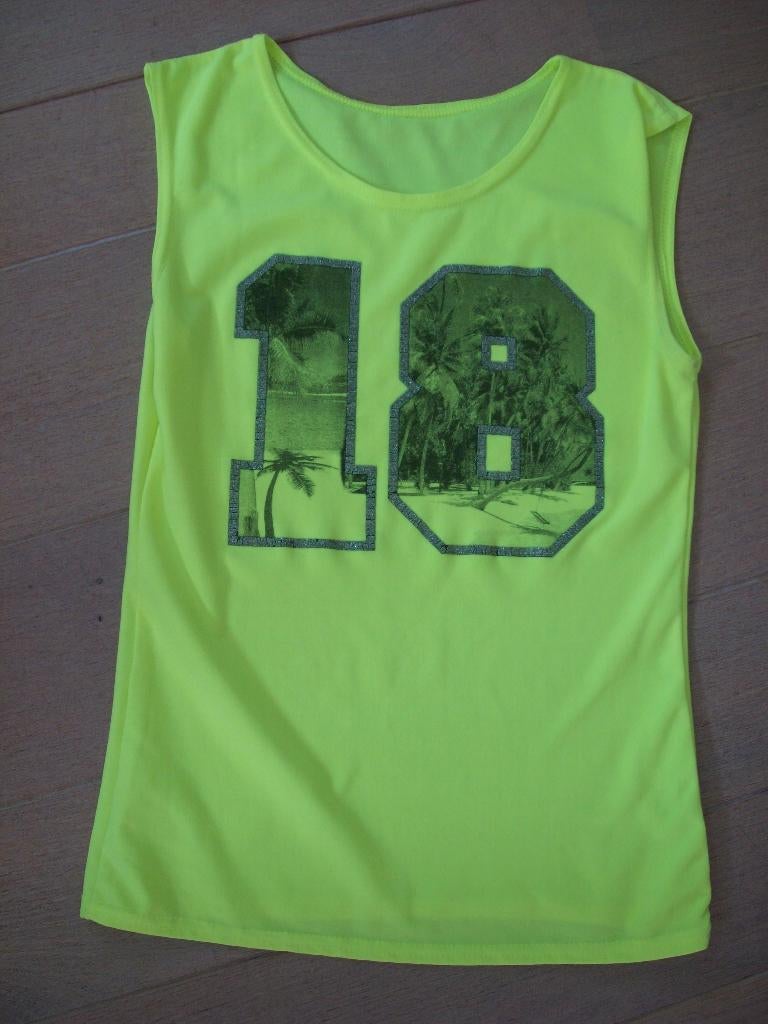 Neon geel hempje met glitterprint maat XS, Geel, Ophalen of Verzenden, Zo goed als nieuw, Zonder mouw