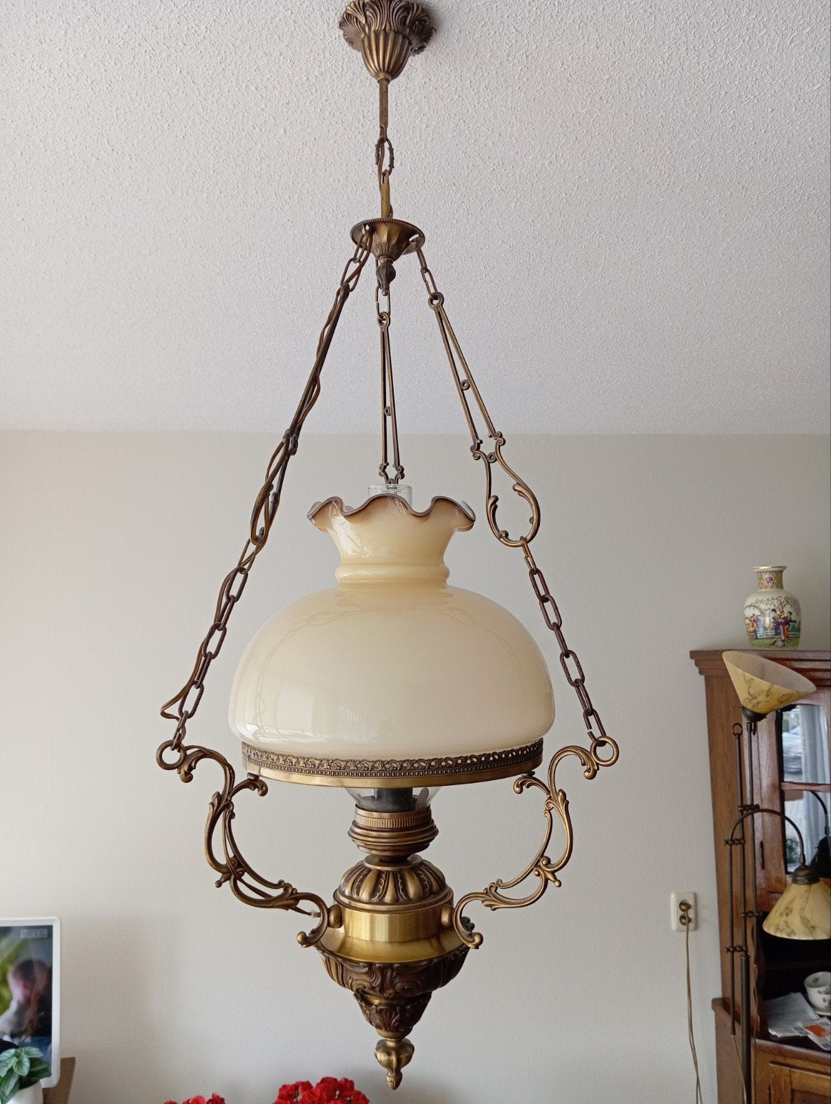 Antieke Hanglamp met Melkglas Kap - Klassieke Stijl, Ophalen, Gebruikt, Klassiek, Antiek, E27 (groot)
