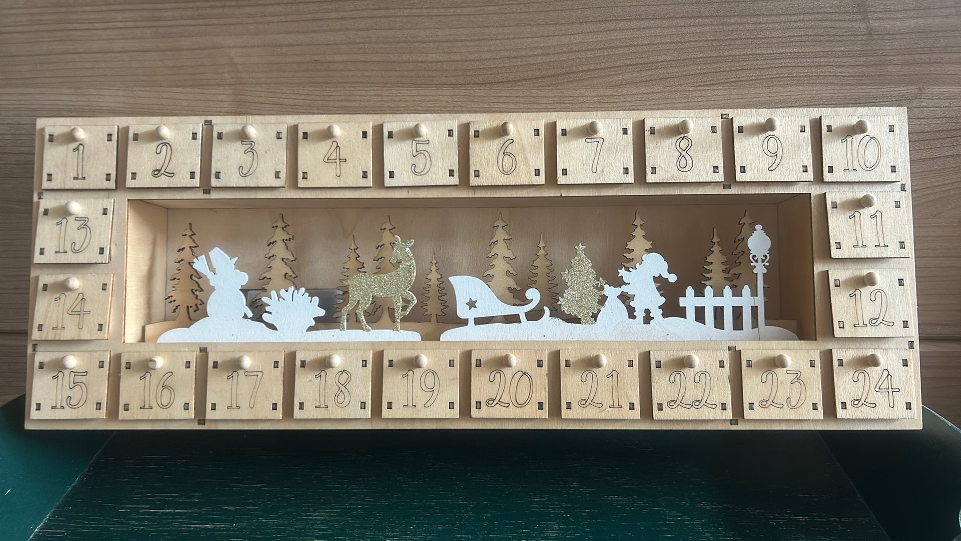 Houten advent kalender met 24 houten laatjes, verlichting, Ophalen of Verzenden, Zo goed als nieuw