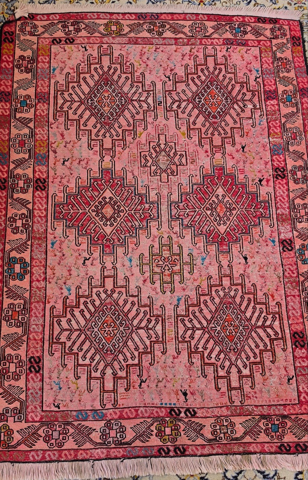 Vintage Roze persian Kelim Tapijt met Geometrische Patronen, Ophalen, Gebruikt, 100 tot 150 cm, Traditioneel