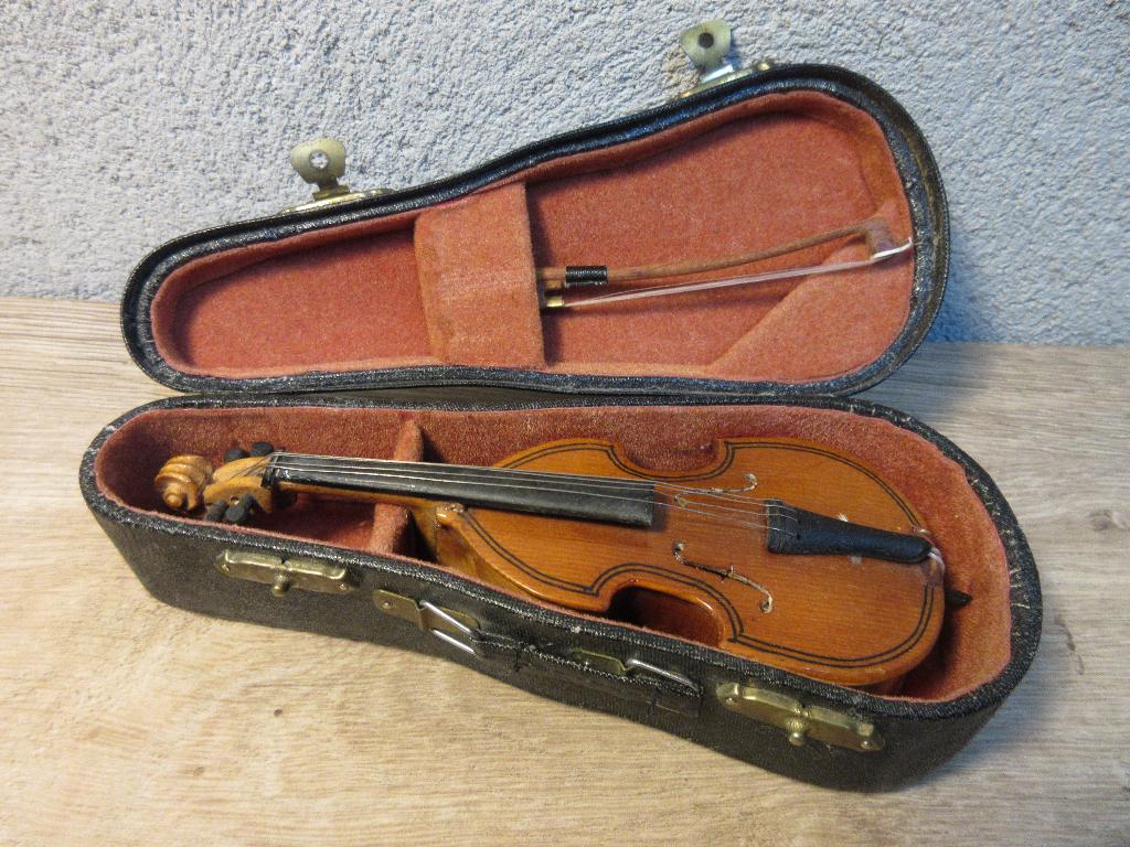 Vintage miniatuur viool in koffer 16 cm, Ophalen of Verzenden, Gebruikt, Overige formaten, Met koffer