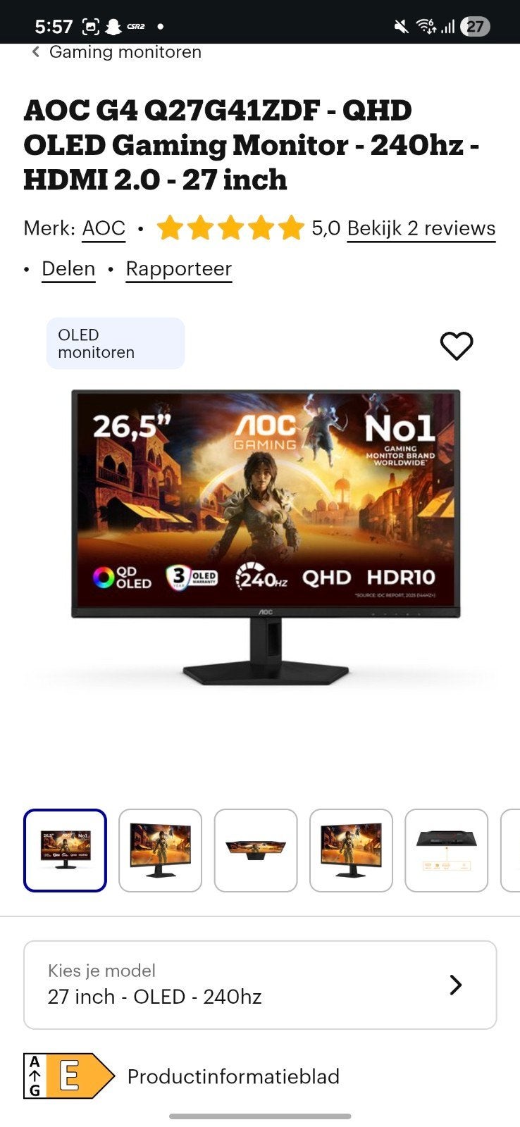 AOC G4 Q27G41ZDF - QHD OLED Gaming Monitor - 240Hz, Computers en Software, Monitoren, Gaming, IPS, Nieuw, HDMI