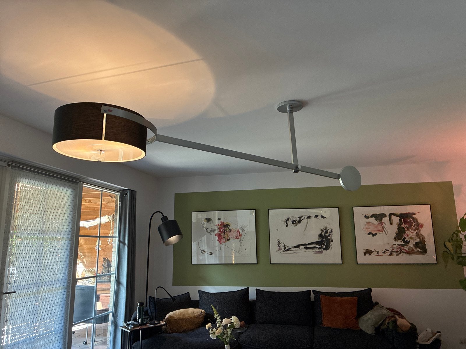Design plafondlamp met verstelbare arm en stoffen kap, Ophalen, Zo goed als nieuw, Metaal, E27 (groot)