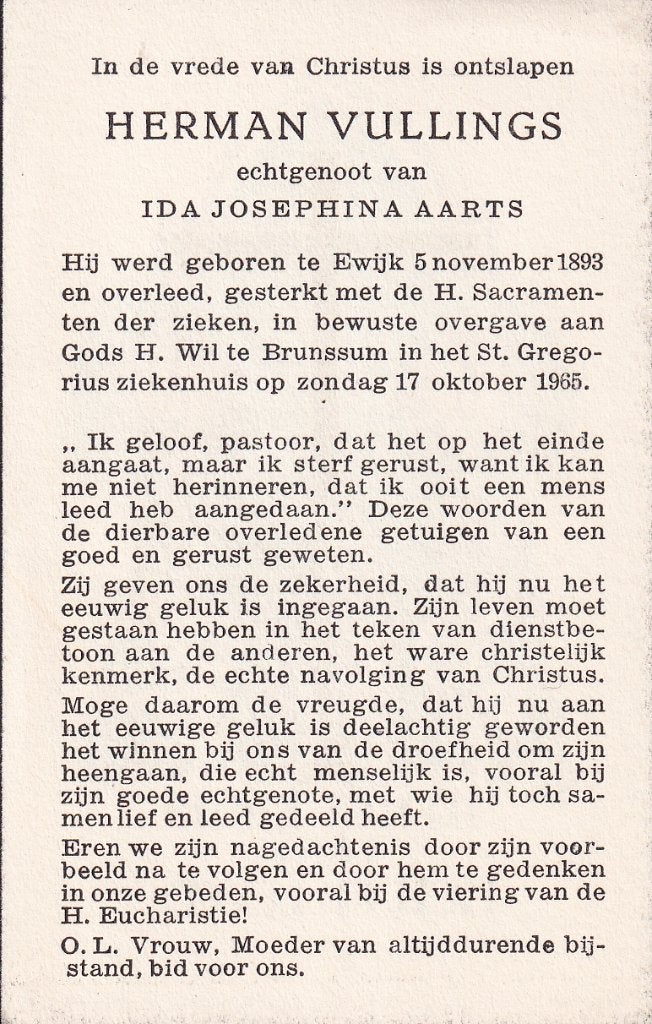 Vullings Herman 1893 Ewijk 1965 Brunssum, Ophalen of Verzenden, Bidprentje