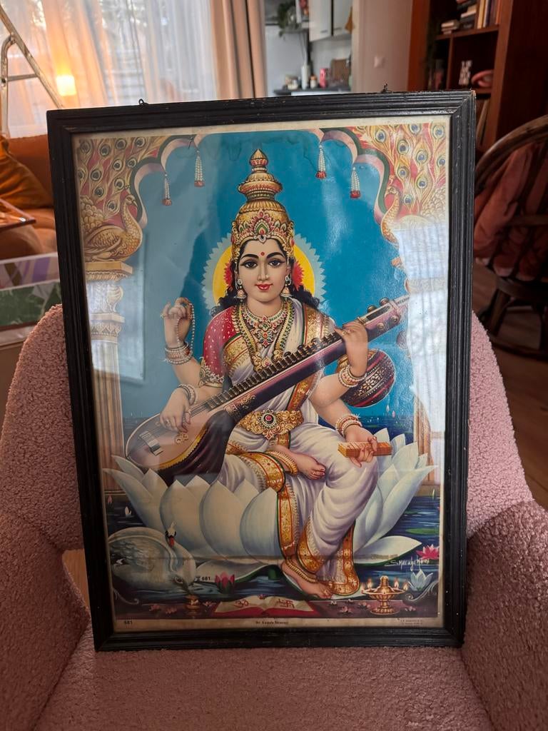 Vintage Indiase Saraswati Print - Ingelijst, Ophalen of Verzenden