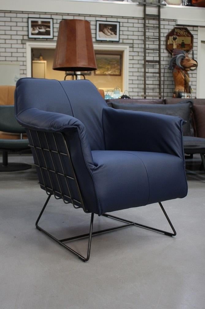 Luxe stoere fauteuil RAZ Jess Design metaal leer Kobaltblauw, Ophalen, Zo goed als nieuw, Leer, 75 tot 100 cm