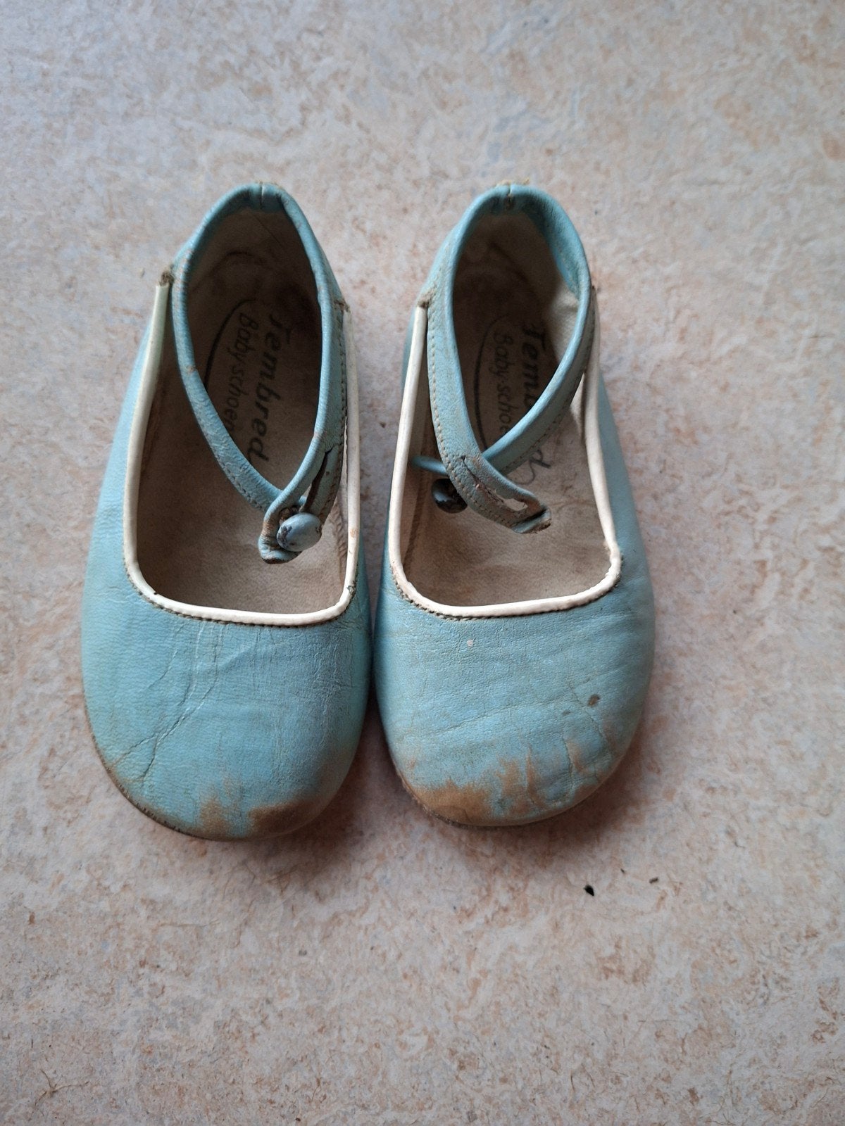 Vintage Baby Schoentjes - Lichtblauw, Tembred Baby shoes, Meisje, Ophalen of Verzenden, Gebruikt