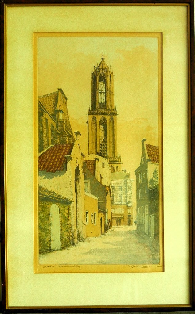 Aquarel Domtoren, Antiek en Kunst, 33 cm, Ophalen of Verzenden, 55 cm, Ingelijst