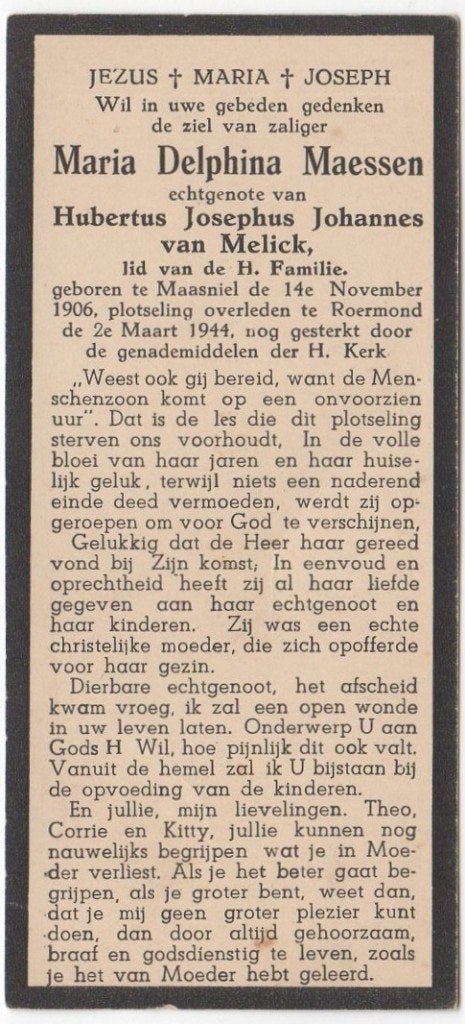 Maria D. Maessen 1906 Maasniel + 1944 Roermond, 37 jaar, Verzenden