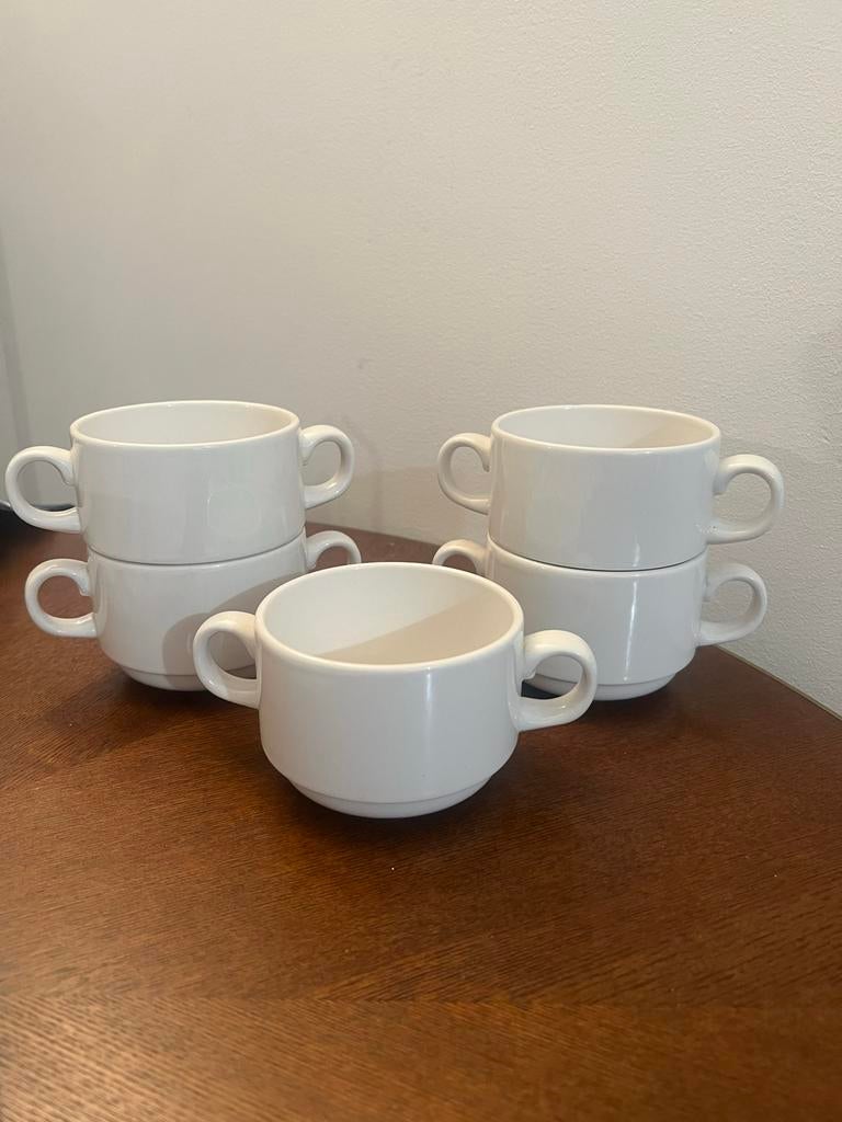 Set van 5 witte soepkommen met oren, Ophalen of Verzenden, Zo goed als nieuw, Overige materialen, Kom(men)