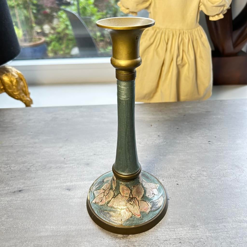 Cloisonné messing kandelaar 21,5 cm, Ophalen of Verzenden, Koper of Brons