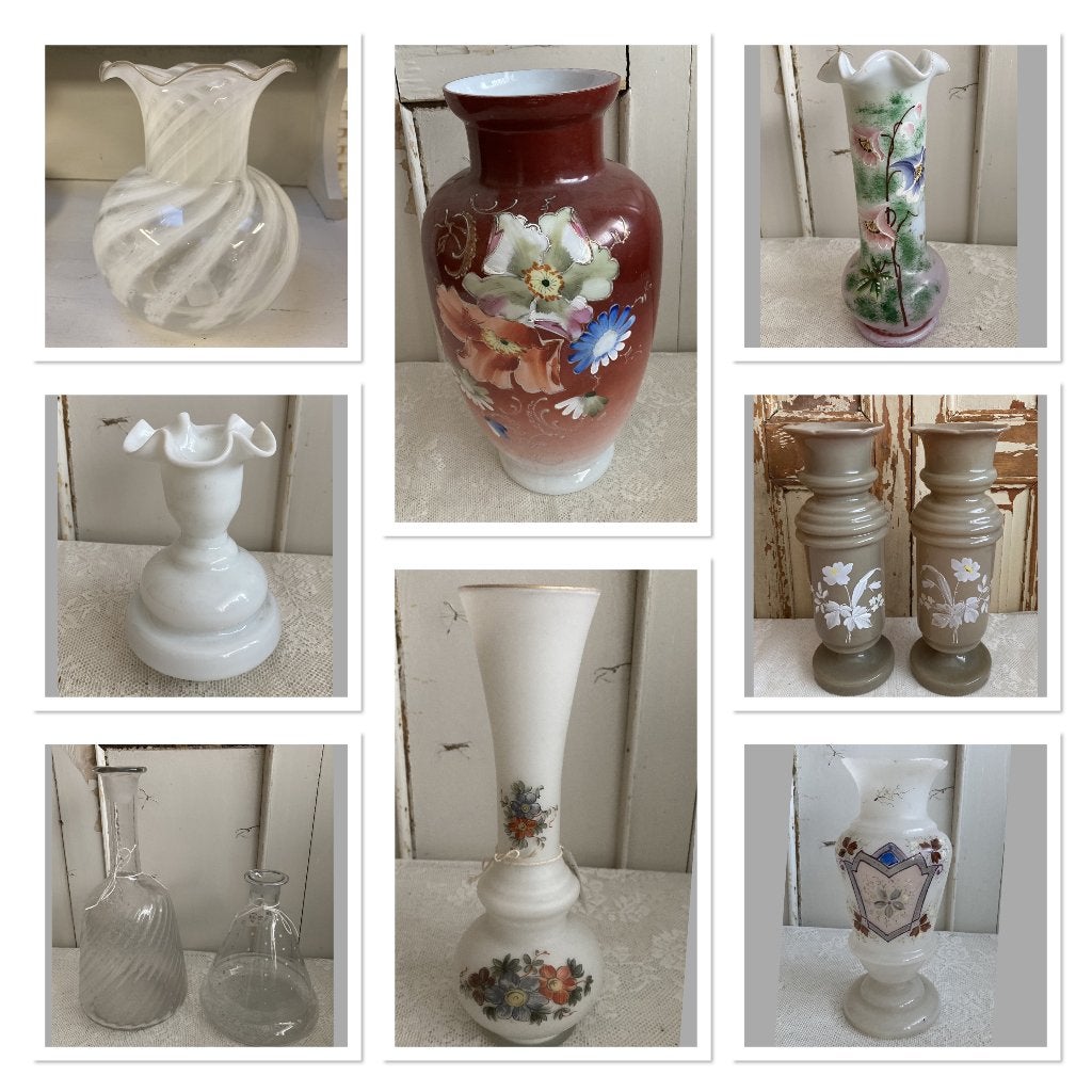 Brocante glazen vaas - vaasjes / oa Opaline - melkglas, Antiek en Kunst, Ophalen