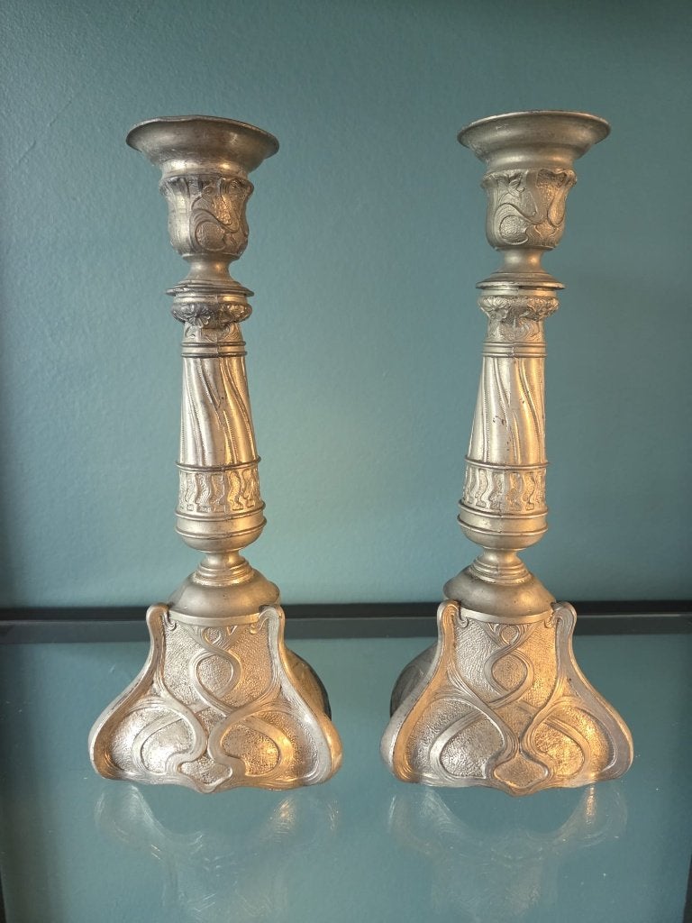 2 Jugendstil kandelaars ca. 1900 – Kayserzinn stijl – 24 cm, Ophalen of Verzenden, Overige materialen