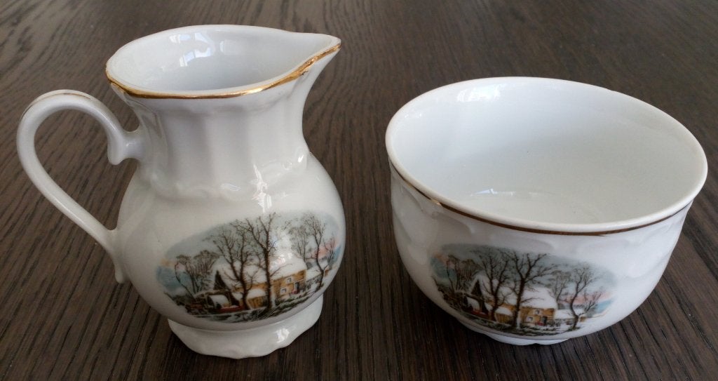 Vintage Crown Bavaria melkkan en suikerpot - Wintertafereel, Overige merken, Overige typen, Vintage, Ophalen of Verzenden