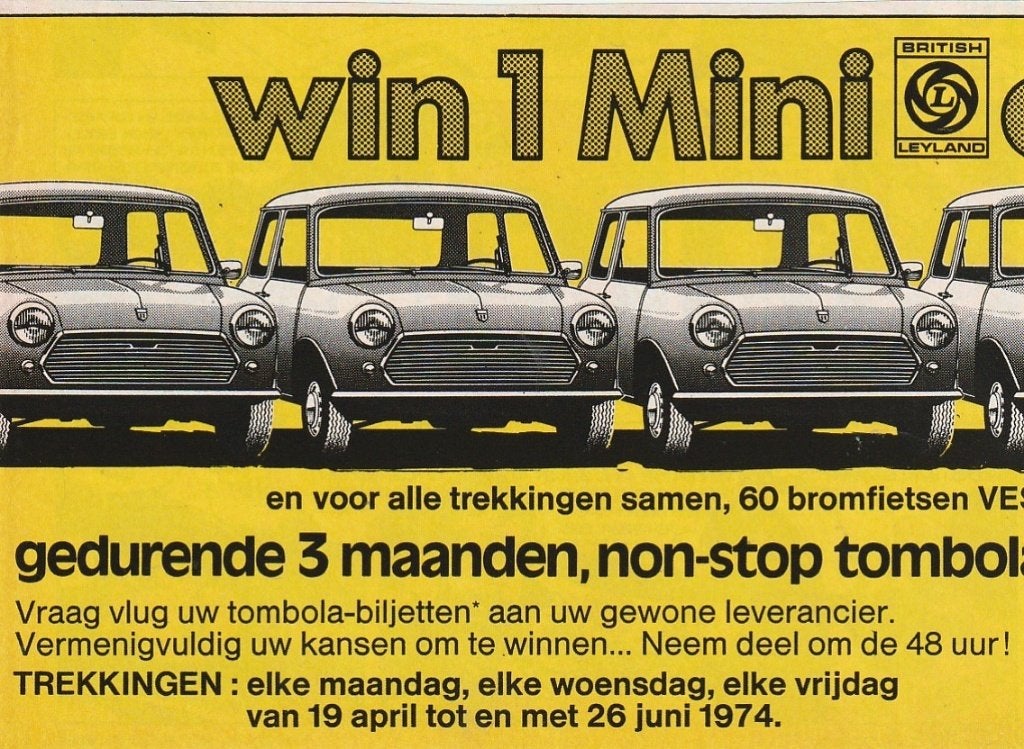 retro reclame 1974 Coca-Cola frisdrank win een Mini auto, Verzenden, Overige typen