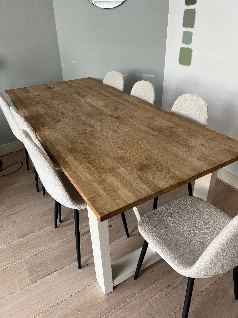 Houten eetkamertafel (200x90 cm) met witte poten, Ophalen, Gebruikt, 50 tot 100 cm, Vijf personen of meer
